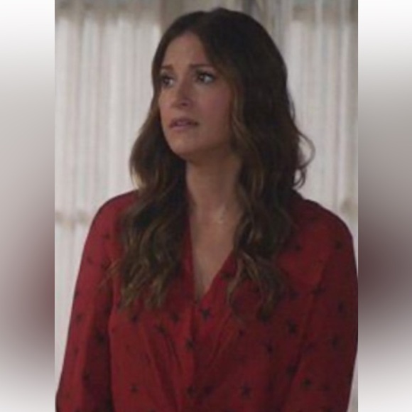 L’Agence 100% Silk Buttondown Red Black Star Women's Top Blouse Shirt Celestial - Picture 5 of 13